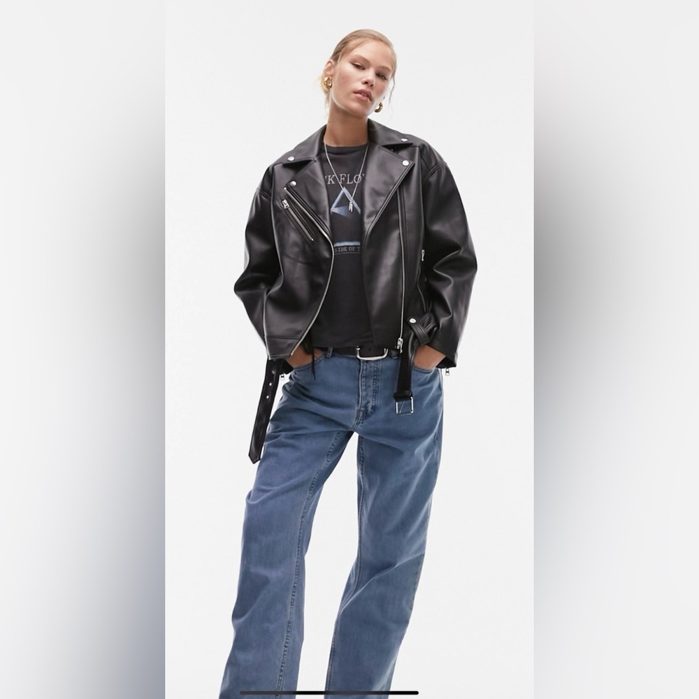 NWT  Topshop Size 10 Black Faux Leather Oversized Biker Moto Jacket